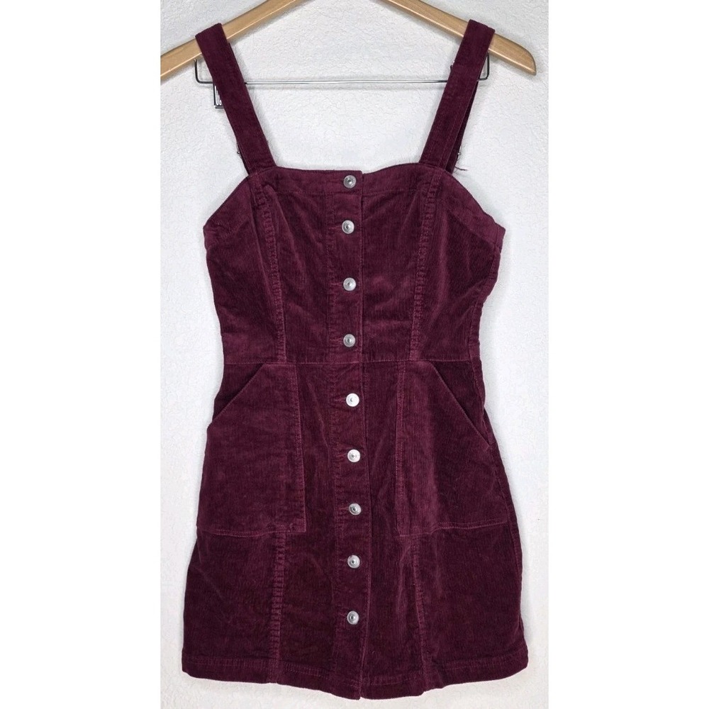 Burgundy‎ Corduroy Jumper Dress Sz 2 Button Up Grunge Moto Skater Festival Boho